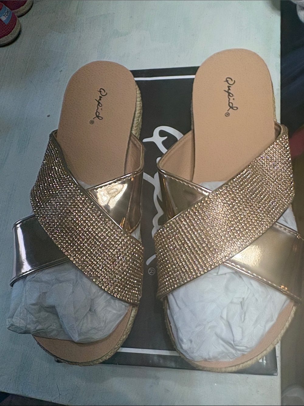 Qupid Rose Gold Crystal Crossband Slide Sandals